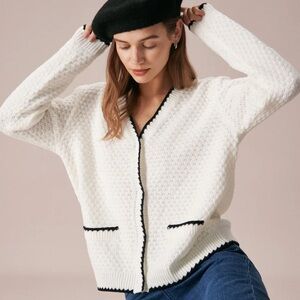 V Neck Button Pointelle Cardigan